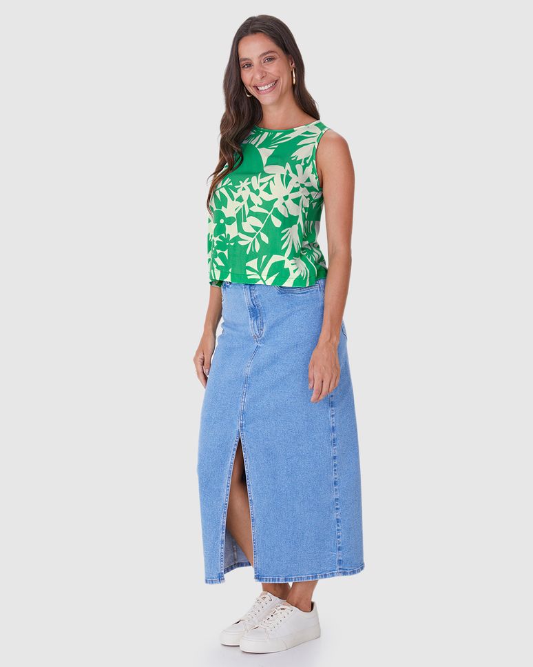 Regata Estampada Feminina Long Cropped Alça Larga Em Viscose