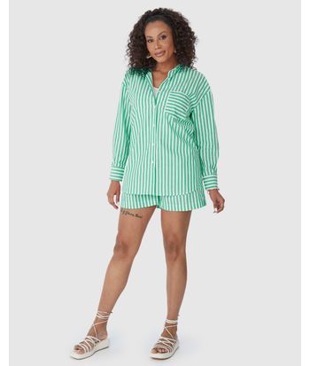 Camisa Ampla Feminina Listrada Bolso Frontal Em Algodão