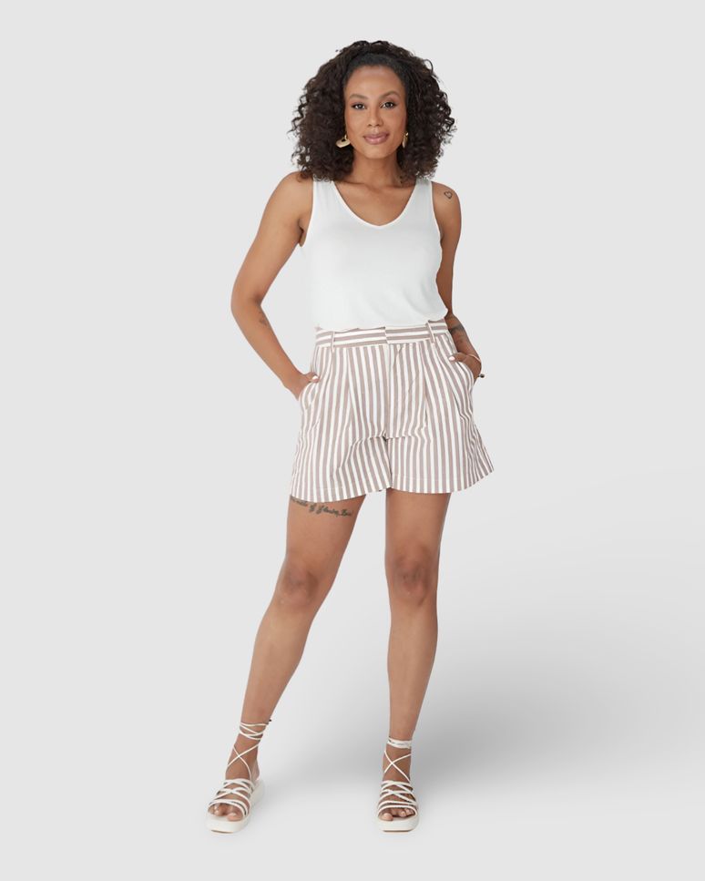 Shorts Feminino Listrado Bolso Lateral Em Algodão