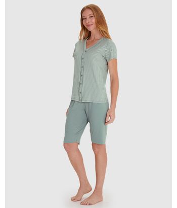 Pijama Feminino Camisa Estampada Com Abotoamento Frontal Em Viscose Stretch