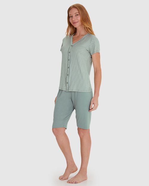 Pijama Feminino Camisa Estampada Com Abotoamento Frontal Em Viscose Stretch