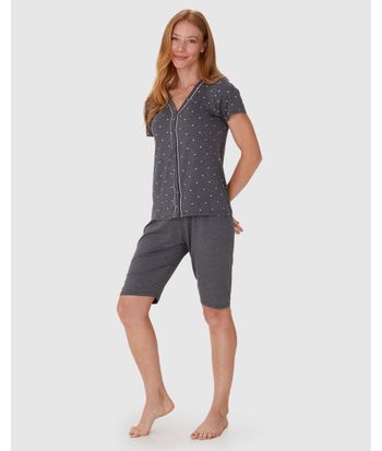 Pijama Feminino Camisa Estampada Com Abotoamento Frontal Em Viscose Stretch