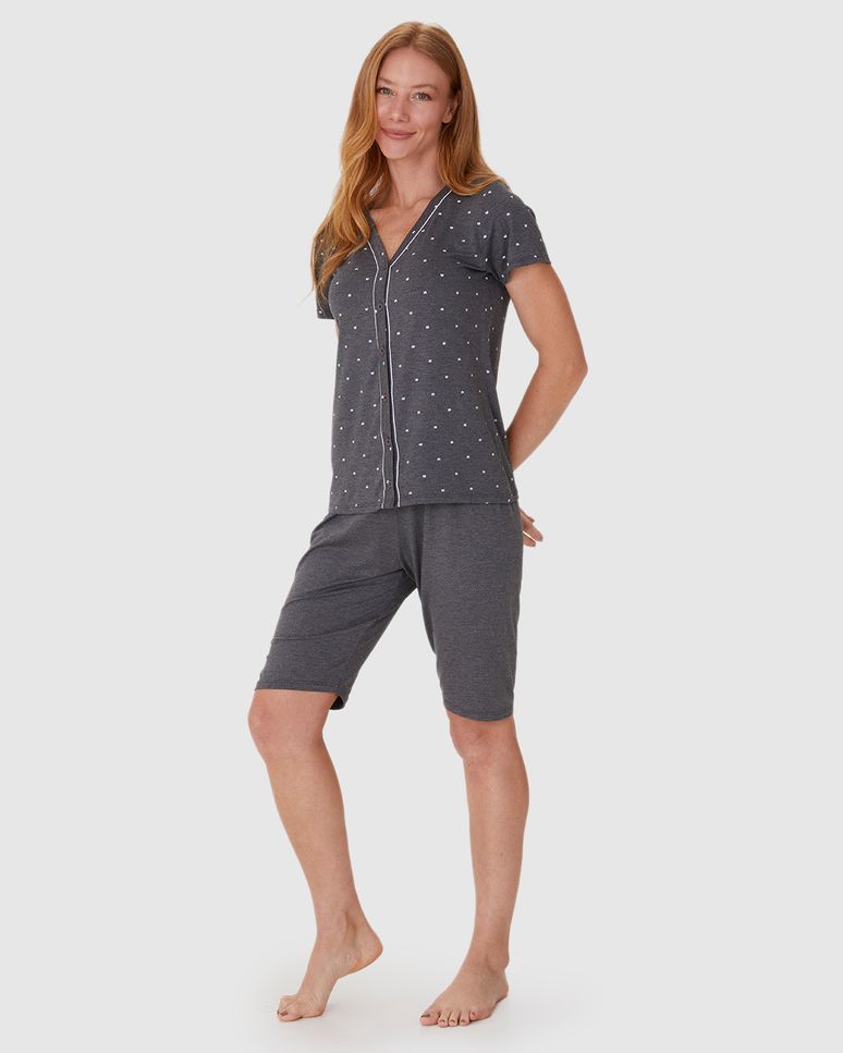 Pijama Feminino Camisa Estampada Com Abotoamento Frontal Em Viscose Stretch