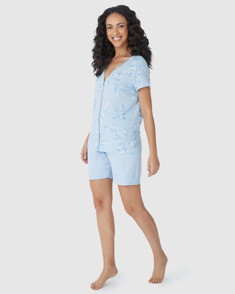 Pijama Feminino Camisa Estampada Com Abotoamento Frontal Em Viscose Stretch
