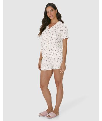 Pijama Americano Feminino Estampado Com Abotoamento Frontal Em Viscose Stretch