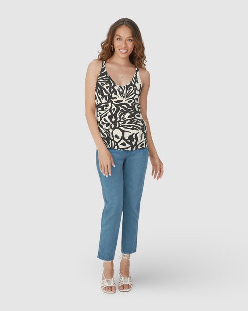 Regata Feminina Estampada Decote V Em Malha Viscolinho Stretch