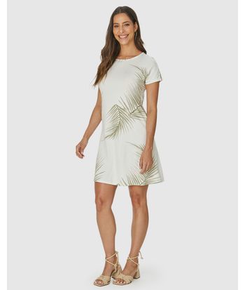 Vestido Feminino Evasê Manga Curta Estampado Em Viscose Stretch
