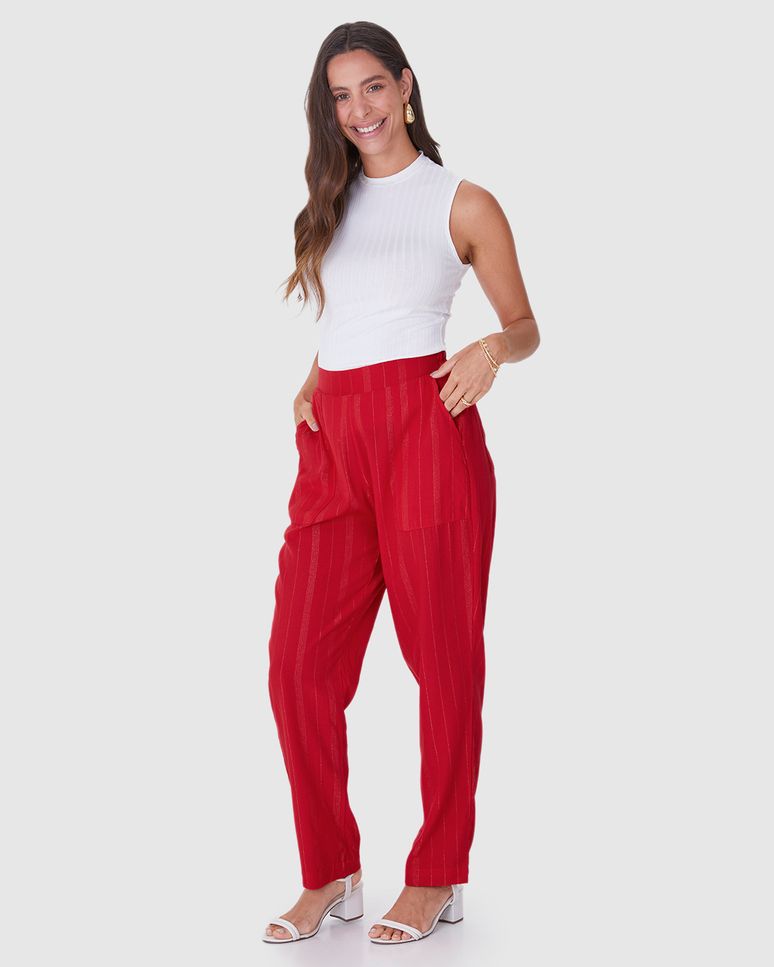 Calça Reta Feminina Bolso Lateral Em Viscose Lurex
