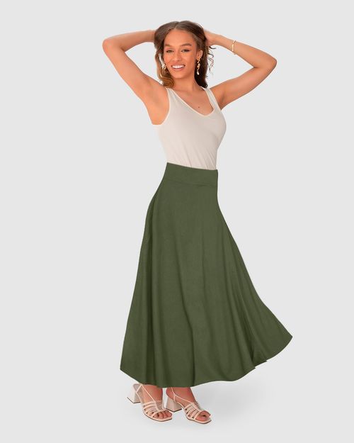 Saia Midi Feminina Fivela Lateral Em Viscolinho