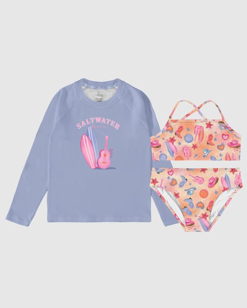 Conjunto Infantil Menina Camiseta Praia + Biquíni Malha UV50+ Malwee Kids