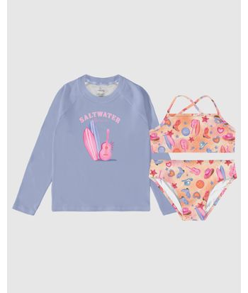 Conjunto Infantil Menina Camiseta Praia + Biquíni Malha UV50+ Malwee Kids