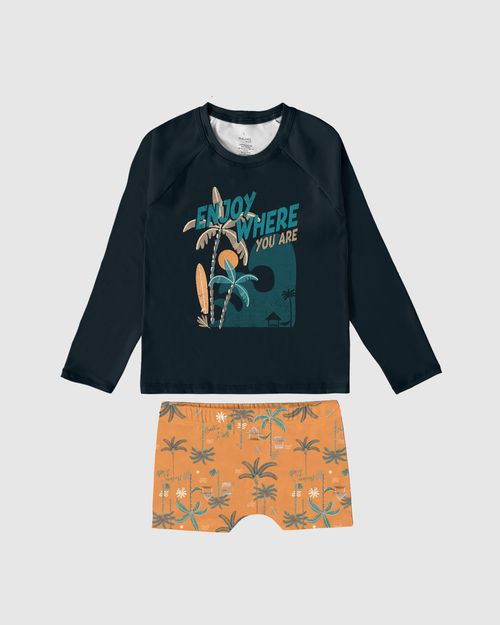Conjunto Infantil Menino Camiseta Praia + Sunga Malha UV50+ Malwee Kids