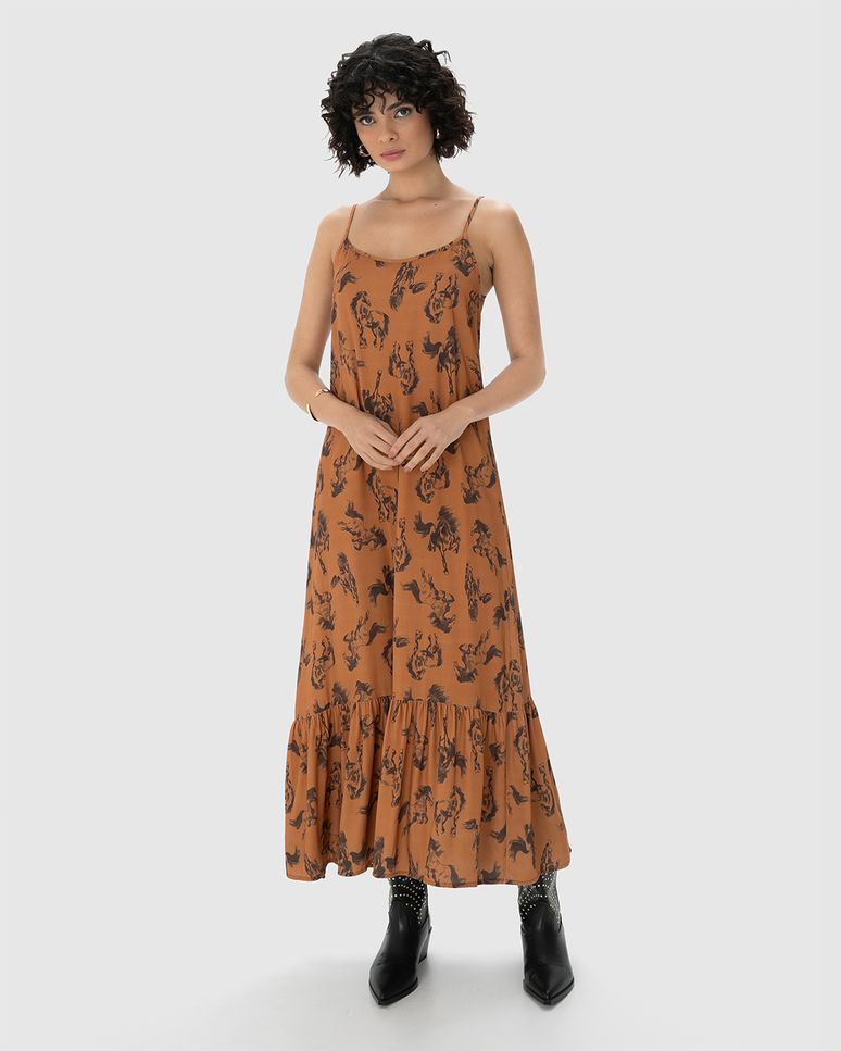 Vestido Midi Feminino Amplo Estampado Alça Regulável Em Viscose - ENFIM