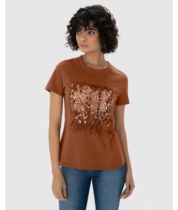T-Shirt Feminina Slim Estampa Efeito Metalizado Em Algodão - ENFIM
