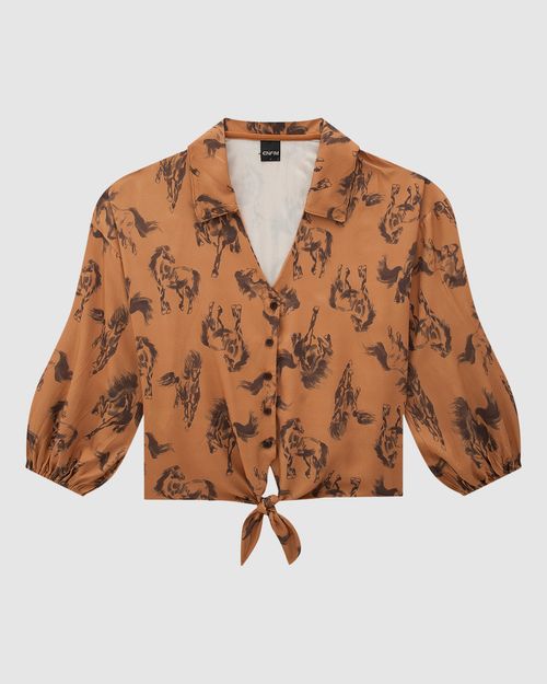 Camisa Feminina Estampada Amarração Frontal Em Viscose - ENFIM