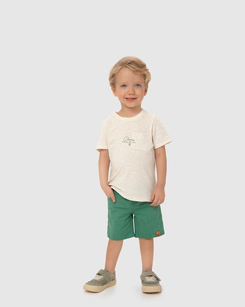 Conjunto Menino Camiseta Bolso Frontal Em Malha Rajada Linho - Carinhoso