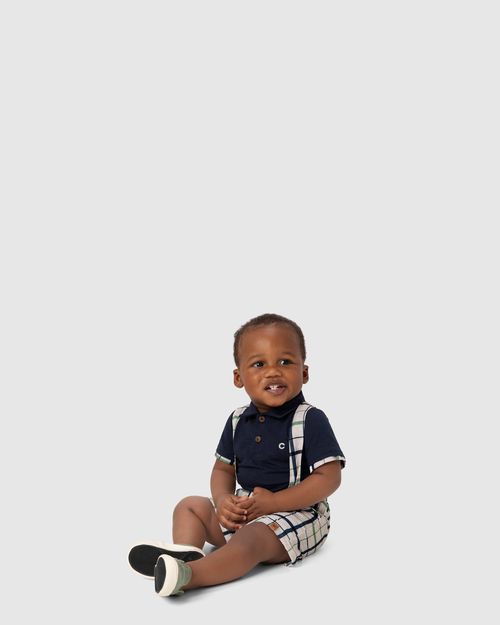 Conjunto Menino Camisa Polo E Bermuda Xadrez Com Suspensório - Carinhoso