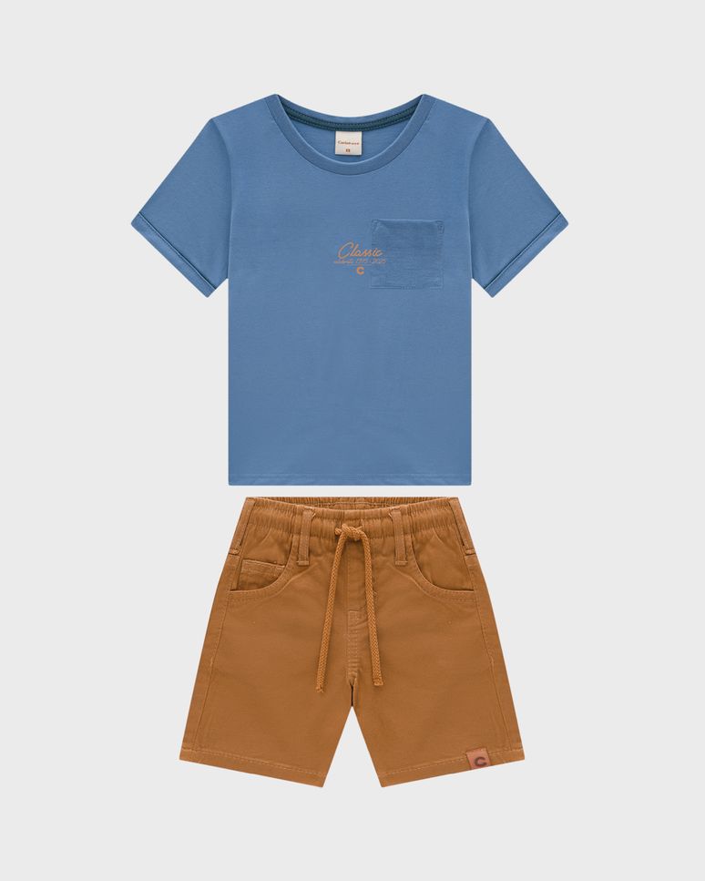 Conjunto Menino Camiseta Bolso Frontal Em Malha Rajada Linho - Carinhoso