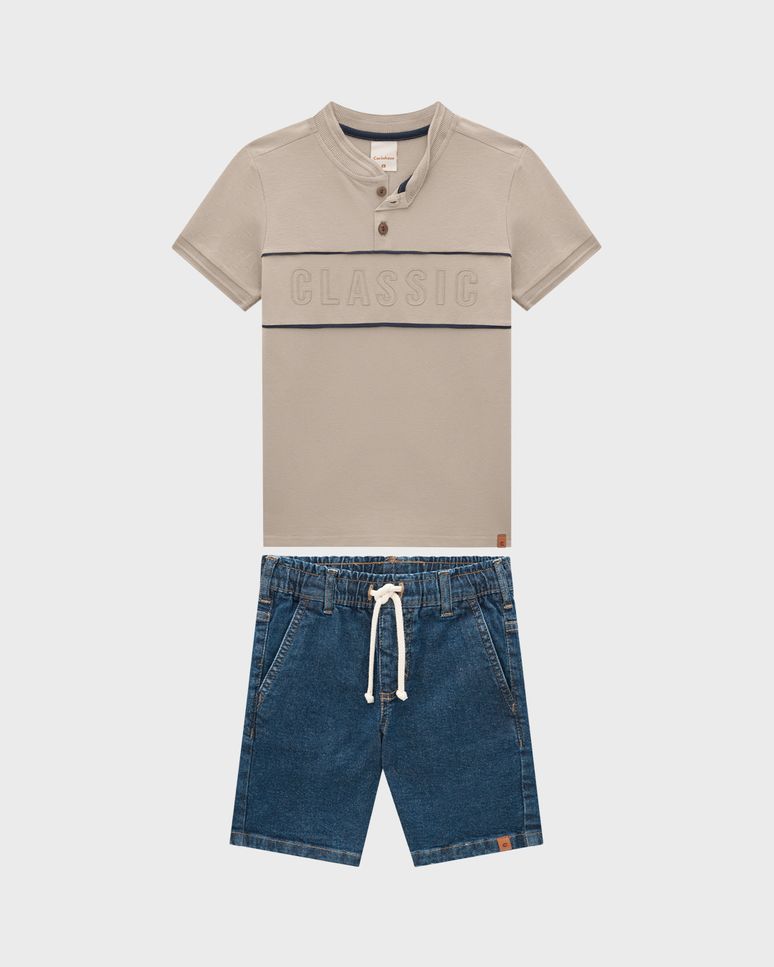 Conjunto Menino Camiseta Peitilho Frontal Em Piquet Stretch - Carinhoso