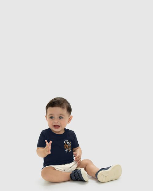Conjunto Menino Camiseta Abertura Ombro Em Algodão - Carinhoso