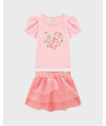 Conjunto Menina Blusa Estampa Bordada E Saia De Tule - Carinhoso