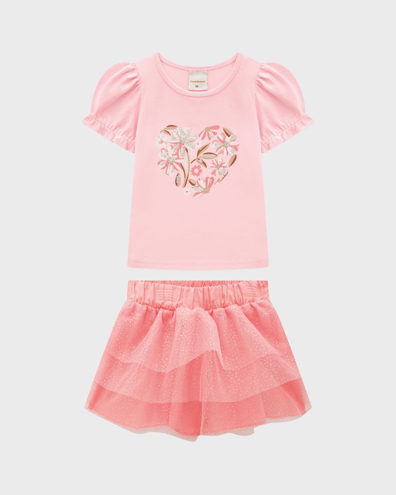 Conjunto Menina Blusa Estampa Bordada E Saia De Tule - Carinhoso