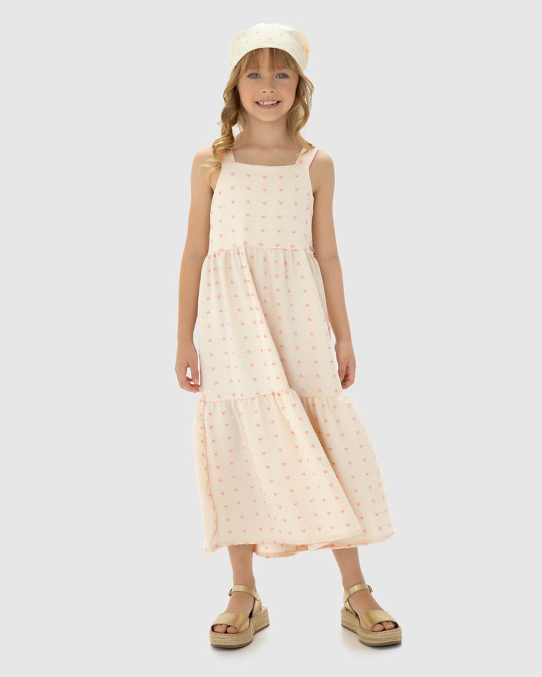Vestido Menina Midi Decote Quadrado Em Plumetis Coração - Carinhoso