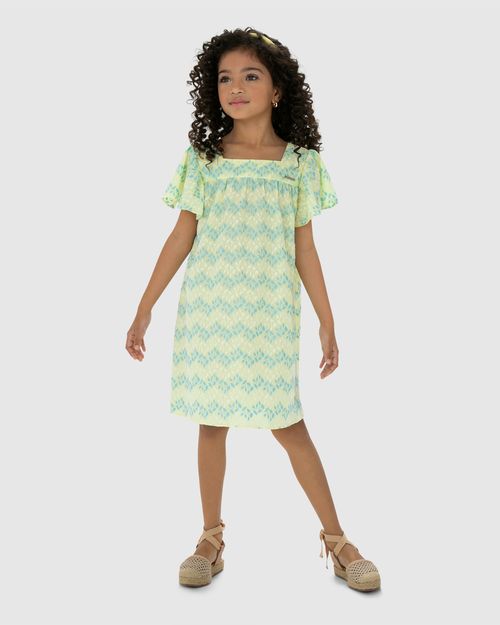 Vestido Menina Decote Quadrado Em Tecido Bordado - Carinhoso