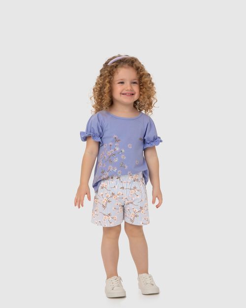 Conjunto Menina Blusa E Shorts Com Estampa Floral Em Algodão - Carinhoso