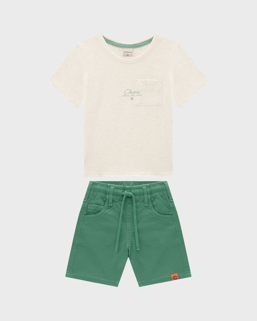 Conjunto Menino Camiseta Bolso Frontal Em Malha Rajada Linho - Carinhoso