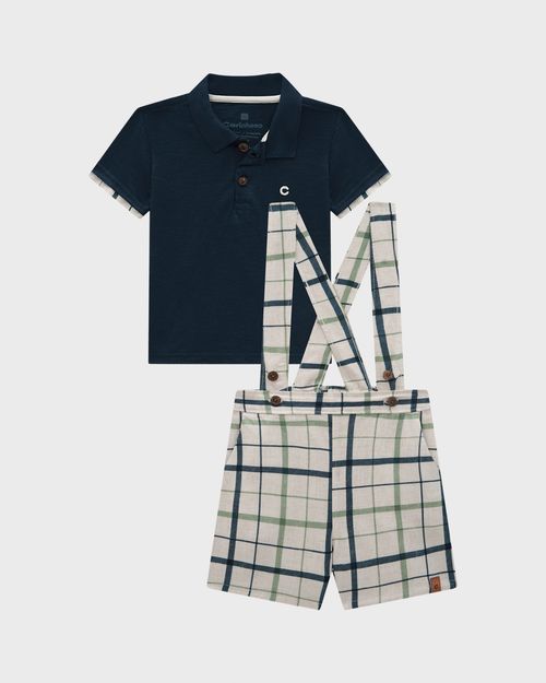 Conjunto Menino Camisa Polo E Bermuda Xadrez Com Suspensório - Carinhoso