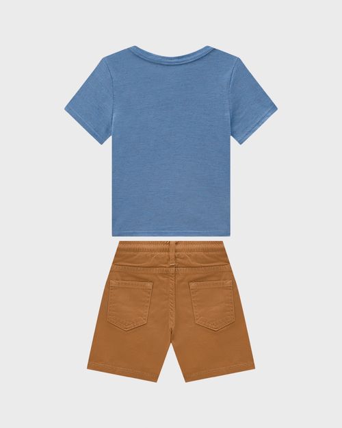 Conjunto Menino Camiseta Bolso Frontal Em Malha Rajada Linho - Carinhoso