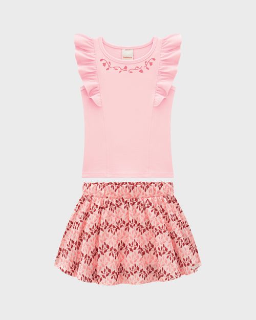 Conjunto Menina Blusa Com Saia Em Tecido Bordado - Carinhoso