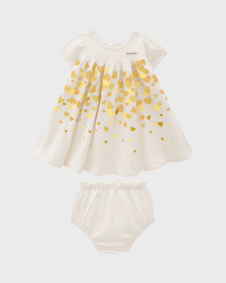 Conjunto Menina Vestido Estampado + Calcinha Malha Texturizada - Carinhoso