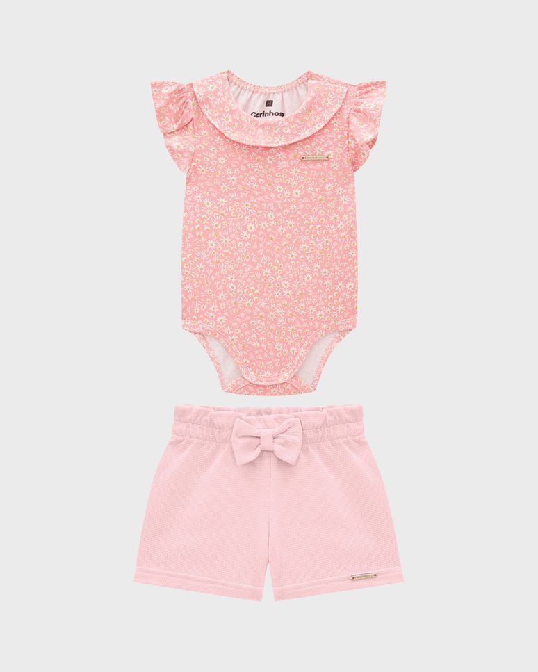 Conjunto Menina Body Estampado E Shorts Em Algodão - Carinhoso