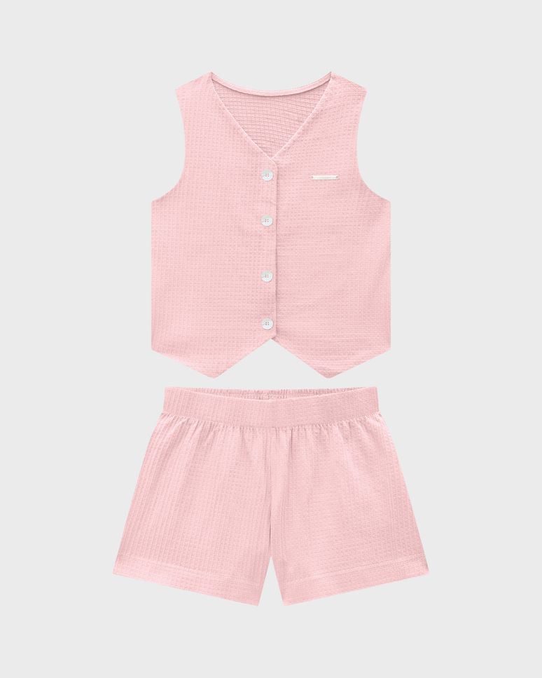 Conjunto Menina Colete E Shorts Em Algodão Texturizado - Carinhoso