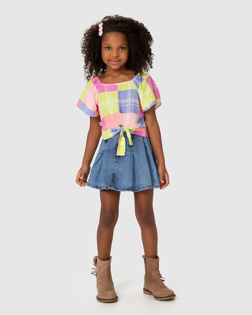 Conjunto Infantil Menina Blusa Xadrez + Saia Jeans Malwee Kids