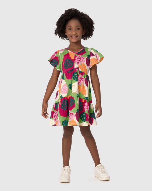 Vestido Infantil Estampado Manga Evasê Em Malha Texturizada Malwee Kids