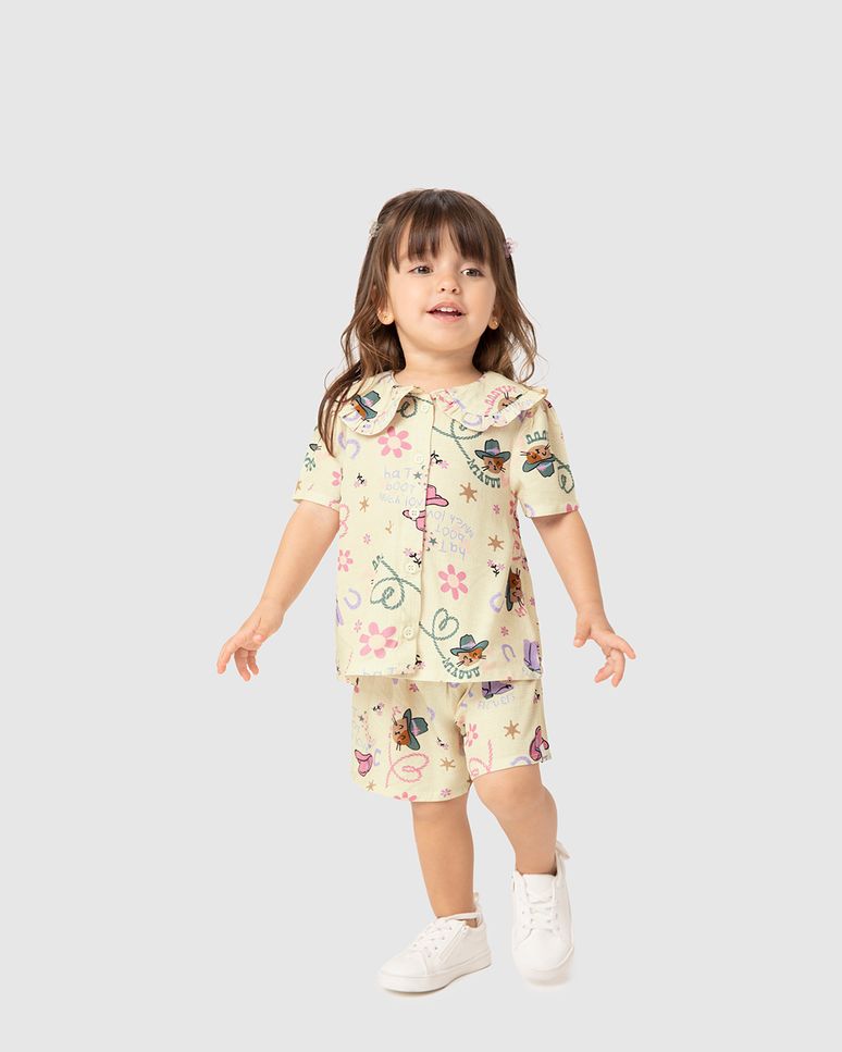Conjunto Infantil Menina Estampado Camisa Gola Babado Em Viscose Malwee Kids