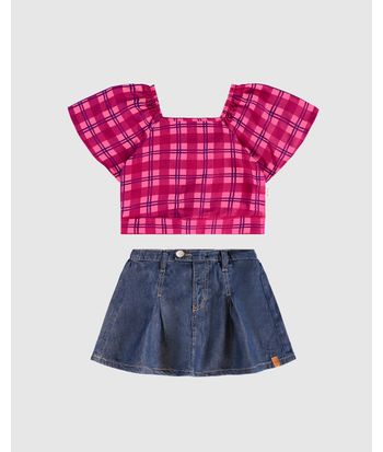 Conjunto Infantil Menina Blusa Xadrez + Saia Jeans Malwee Kids