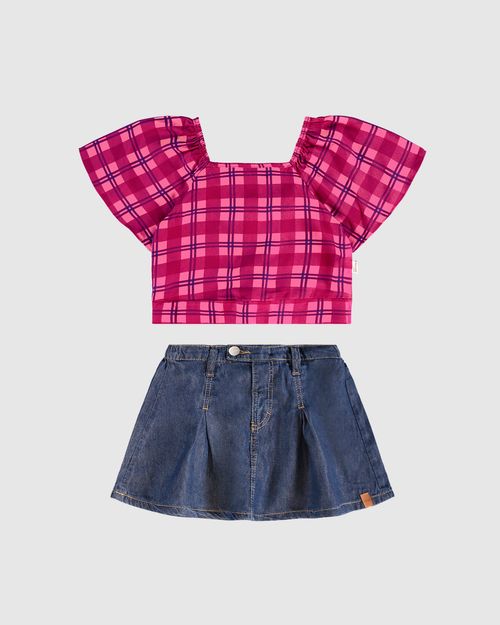 Conjunto Infantil Menina Blusa Xadrez + Saia Jeans Malwee Kids
