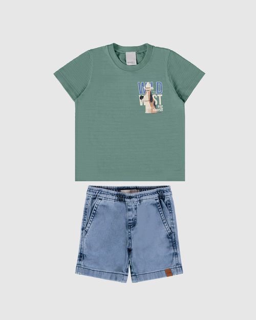 Conjunto Infantil Menino Camiseta + Bermuda Em Jeans Moletom Malwee Kids