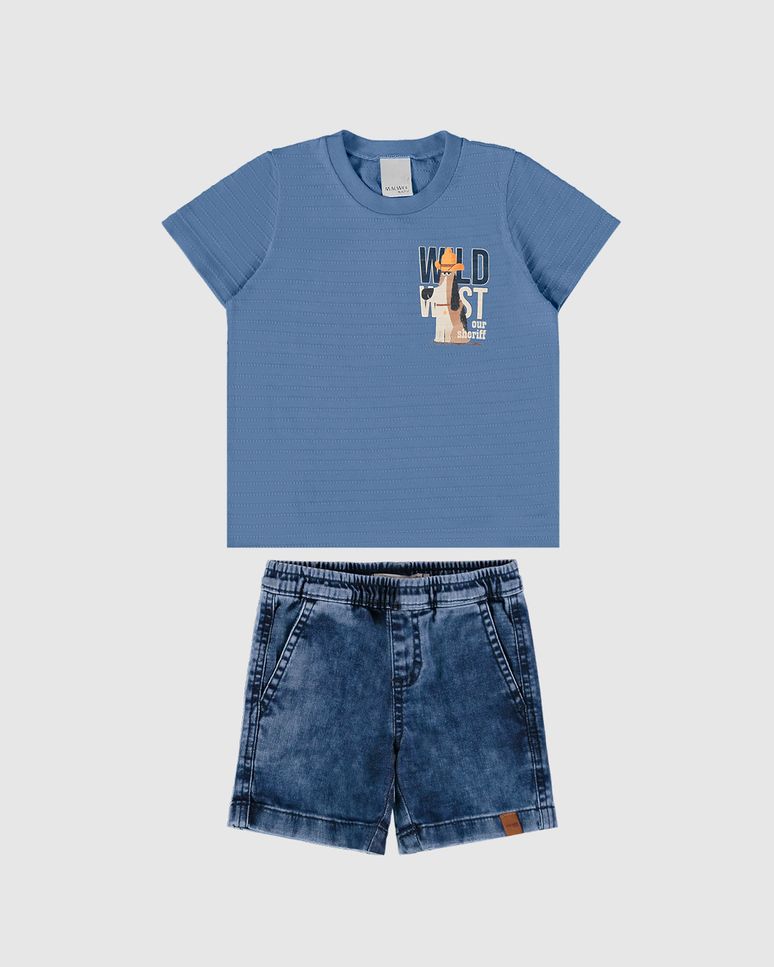 Conjunto Infantil Menino Camiseta + Bermuda Em Jeans Moletom Malwee Kids