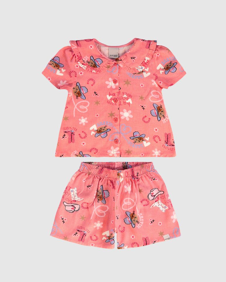Conjunto Infantil Menina Estampado Camisa Gola Babado Em Viscose Malwee Kids