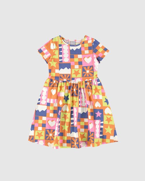 Vestido Infantil Evasê Manga Curta Estampado Em Algodão Malwee Kids
