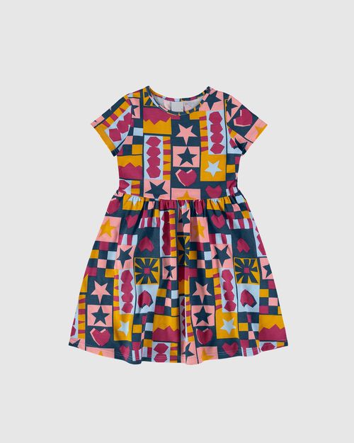 Vestido Infantil Evasê Manga Curta Estampado Em Algodão Malwee Kids