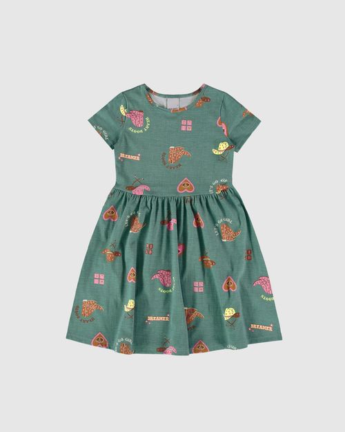 Vestido Infantil Evasê Manga Curta Estampado Em Algodão Malwee Kids