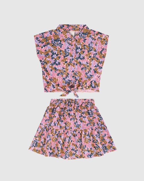 Conjunto Infantil Menina Camisa E Saia Floral Em Viscose Malwee Kids