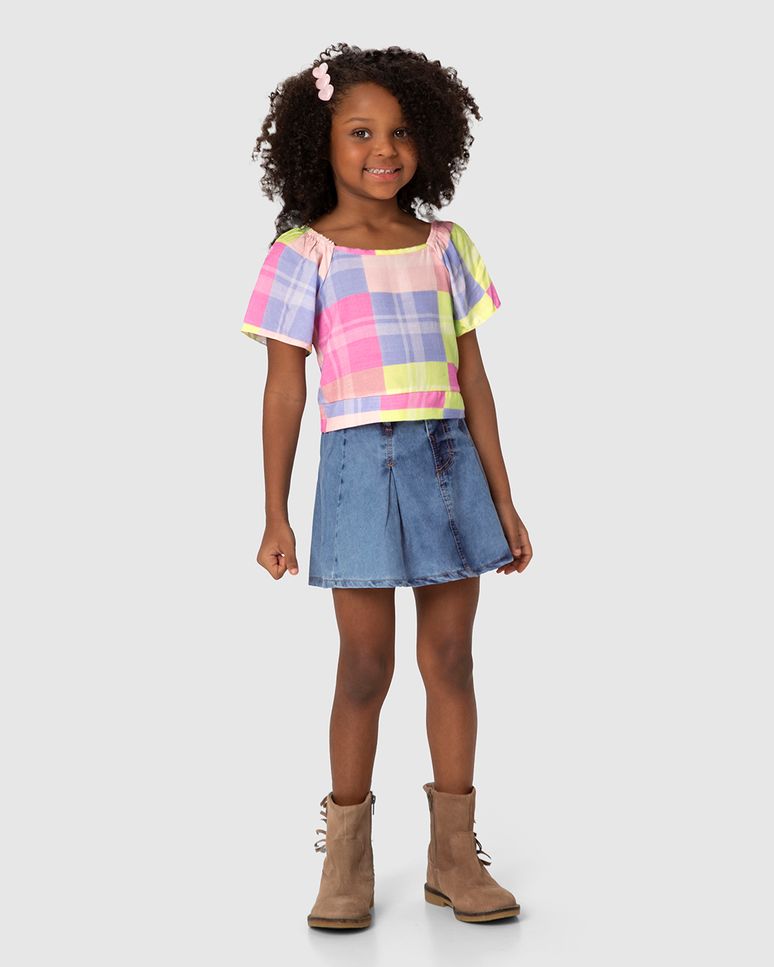 Conjunto Infantil Menina Blusa Xadrez + Saia Jeans Malwee Kids