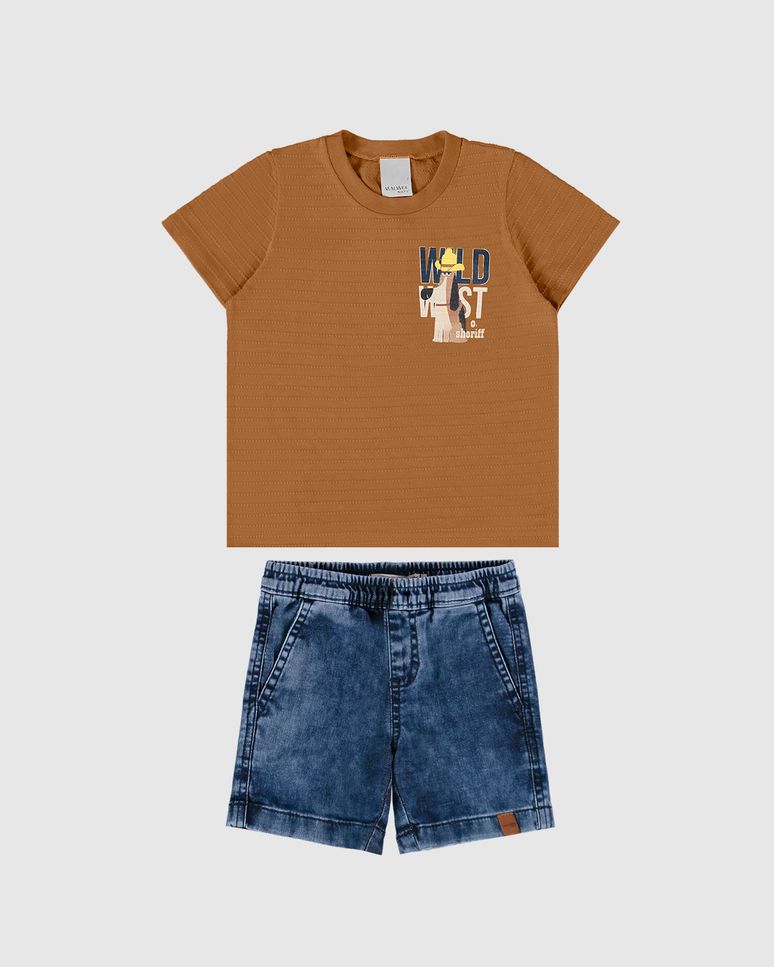 Conjunto Infantil Menino Camiseta + Bermuda Em Jeans Moletom Malwee Kids